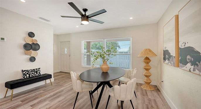Dining room, Interior, Recessed Lighting, Wood Texture Flooring