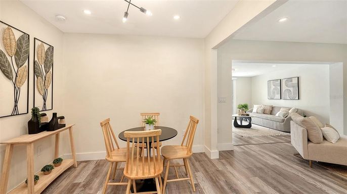 Dining room, Interior, Living room, Recessed Lighting, Wood Texture Flooring