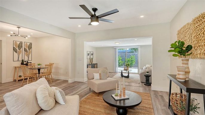 Dining room, Interior, Living room, Recessed Lighting, Wood Texture Flooring