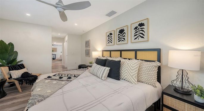 Bedroom, Interior, Recessed Lighting, Wood Texture Flooring