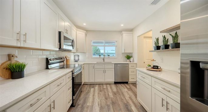 Interior, Kitchen, Recessed Lighting, Stainless Steel Appliances, Wood Texture Flooring