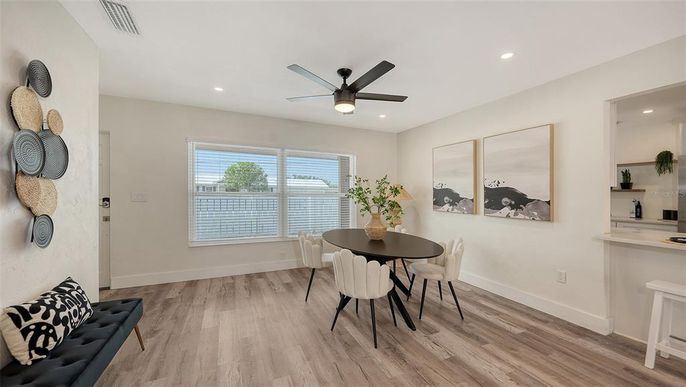 Dining room, Interior, Recessed Lighting, Wood Texture Flooring