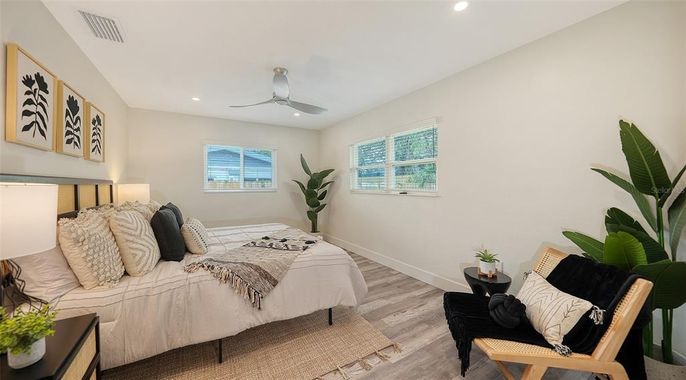Bedroom, Interior, Recessed Lighting, Wood Texture Flooring