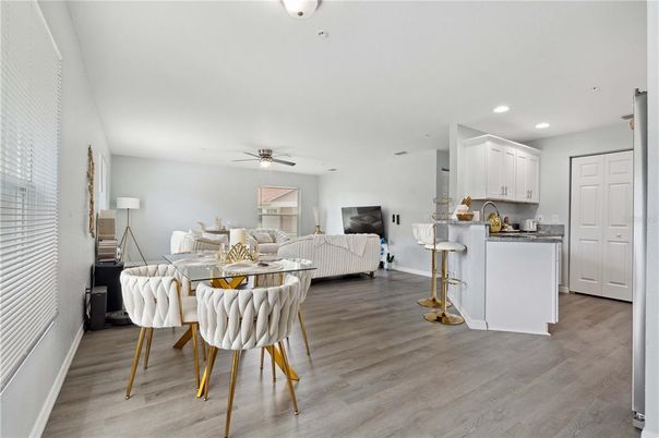 Dining room, Interior, Kitchen, Living room, Recessed Lighting, Wood Texture Flooring