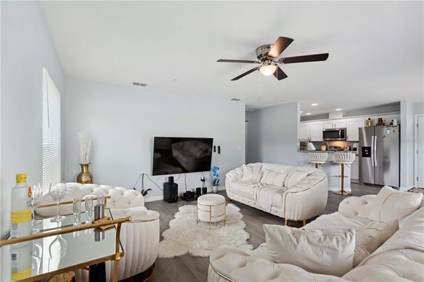 Interior, Kitchen, Living room, Recessed Lighting, Stainless Steel Appliances, Wood Texture Flooring