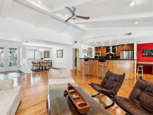 Dining room, Interior, Kitchen, Living room, Pendant Lights, Recessed Lighting, Stainless Steel Appliances, Wood Texture Flooring