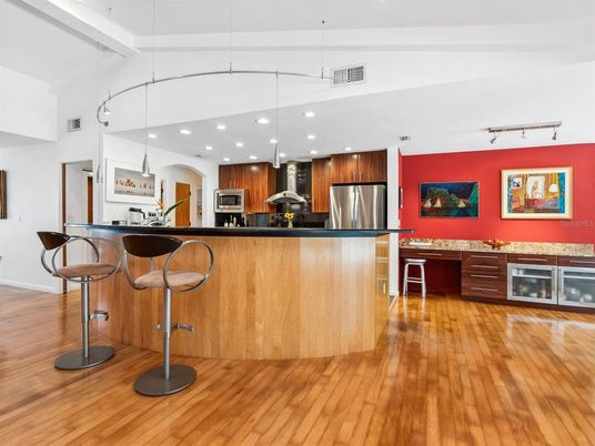 Interior, Kitchen, Recessed Lighting, Stainless Steel Appliances, Wood Texture Flooring