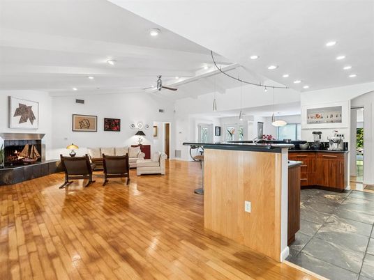Fireplace, Interior, Kitchen, Living room, Pendant Lights, Recessed Lighting, Wood Texture Flooring