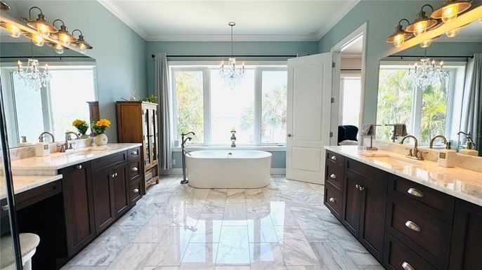 Bathroom, Chandelier, Dual Sink Vanities, Free Standing Baths, Interior, Marble