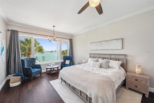 Bedroom, Chandelier, Interior, Water, Wood Texture Flooring
