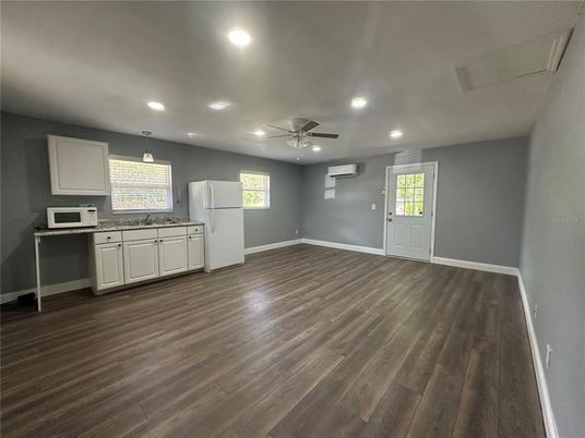 Empty room, Interior, Kitchen, Recessed Lighting, Wood Texture Flooring