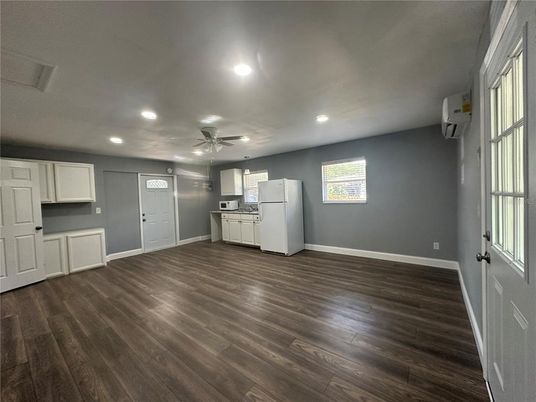 Empty room, Interior, Kitchen, Recessed Lighting, Wood Texture Flooring