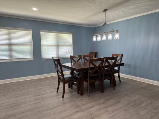 Dining room, Interior, Pendant Lights, Recessed Lighting, Wood Texture Flooring