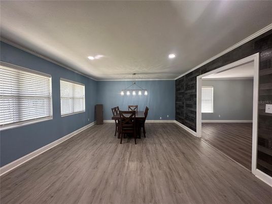 Dining room, Interior, Pendant Lights, Recessed Lighting, Wood Texture Flooring