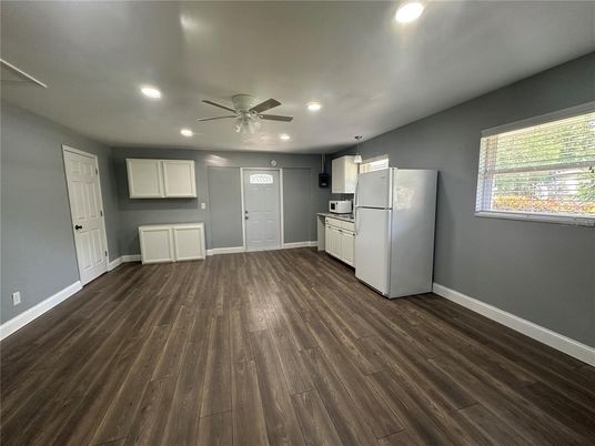 Empty room, Interior, Kitchen, Recessed Lighting, Wood Texture Flooring