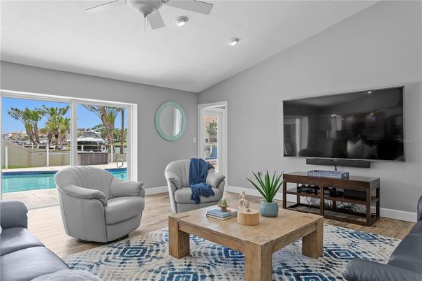 Interior, Living room, Pool, Recessed Lighting, Wood Texture Flooring