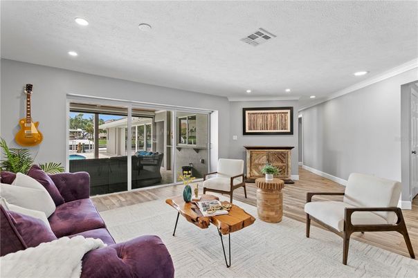 Fireplace, Interior, Living room, Recessed Lighting, Wood Texture Flooring