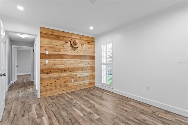 Empty room, Interior, Recessed Lighting, Wood Texture Flooring, Wooden Walls