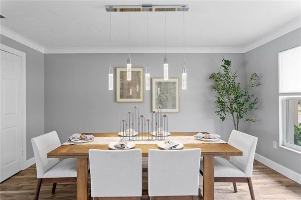 Dining room, Interior, Pendant Lights, Wood Texture Flooring