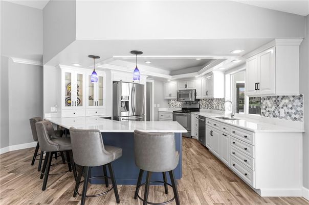 Interior, Kitchen, Pendant Lights, Recessed Lighting, Stainless Steel Appliances, Wood Texture Flooring