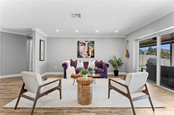 Interior, Living room, Recessed Lighting, Wood Texture Flooring