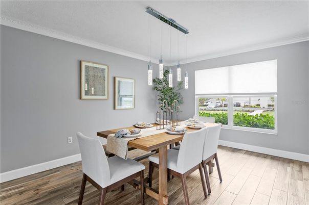 Dining room, Interior, Pendant Lights, Wood Texture Flooring