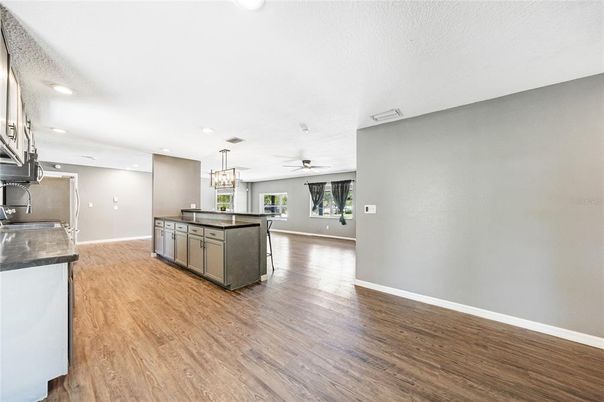 Chandelier, Interior, Kitchen, Pendant Lights, Recessed Lighting, Wood Texture Flooring