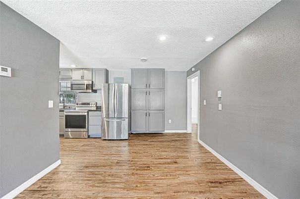 Interior, Kitchen, Recessed Lighting, Stainless Steel Appliances, Wood Texture Flooring