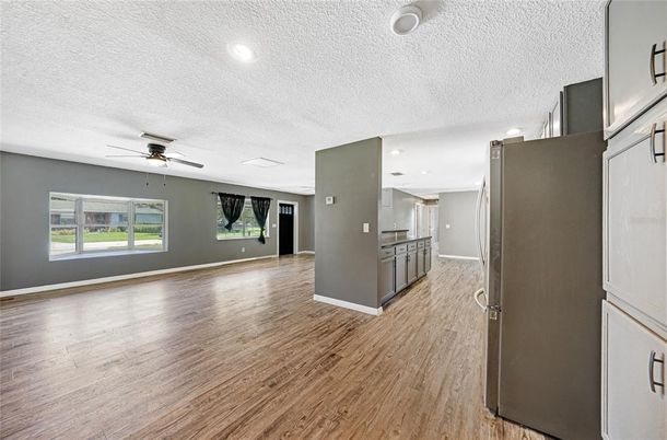 Empty room, Interior, Kitchen, Recessed Lighting, Wood Texture Flooring