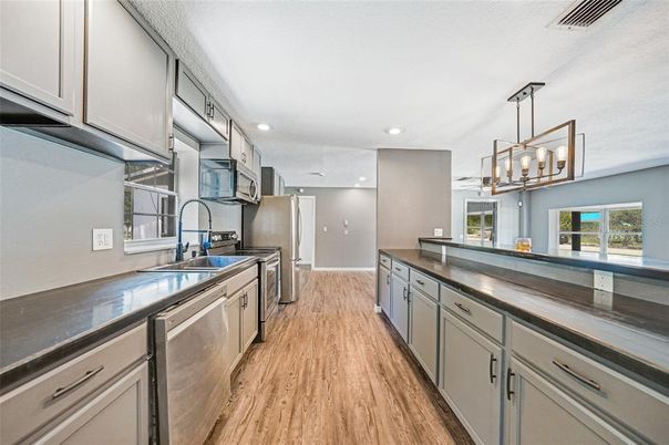 Interior, Kitchen, Pendant Lights, Recessed Lighting, Wood Texture Flooring