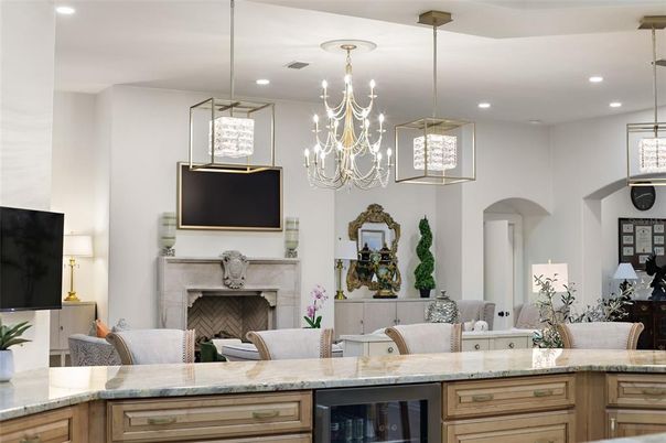 Chandelier, Dining room, Fireplace, Interior, Living room, Pendant Lights, Recessed Lighting
