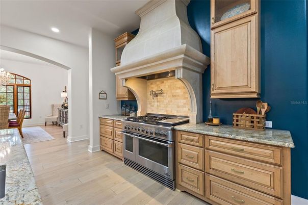 Chandelier, Interior, Kitchen, Recessed Lighting, Stainless Steel Appliances, Wood Texture Flooring