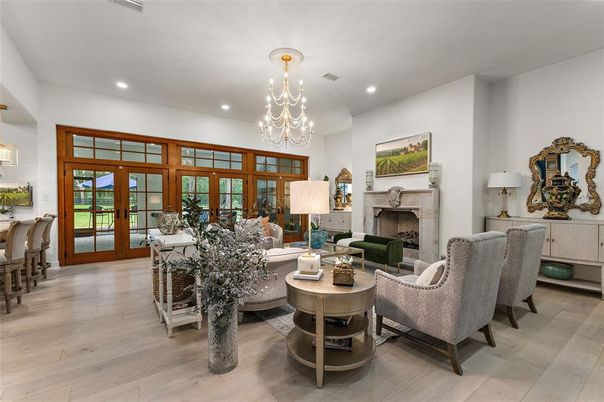 Chandelier, Fireplace, Interior, Living room, Recessed Lighting, Wood Texture Flooring