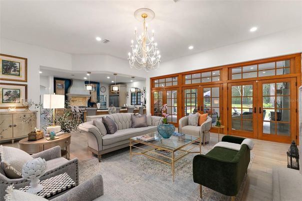 Chandelier, Interior, Living room, Recessed Lighting, Wood Texture Flooring