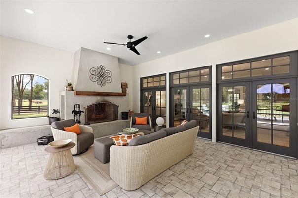 Exterior, Fireplace, Living room, Recessed Lighting
