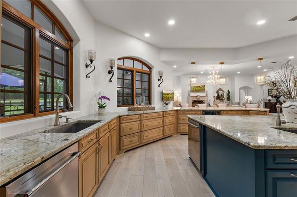 Chandelier, Interior, Kitchen, Pendant Lights, Recessed Lighting, Stainless Steel Appliances, Wood Texture Flooring