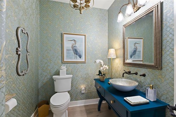 Bathroom, Chandelier, Interior, Wood Texture Flooring