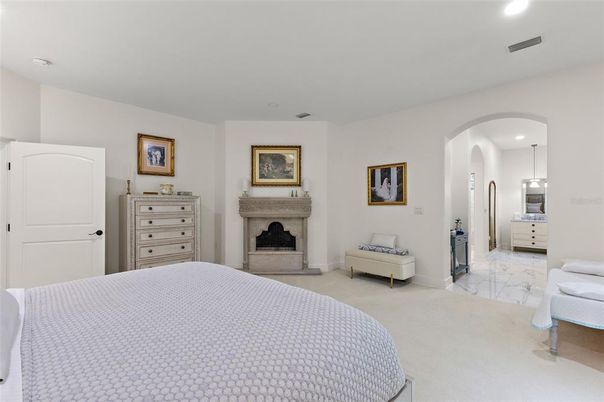 Bedroom, Fireplace, Interior, Marble, Pendant Lights, Recessed Lighting
