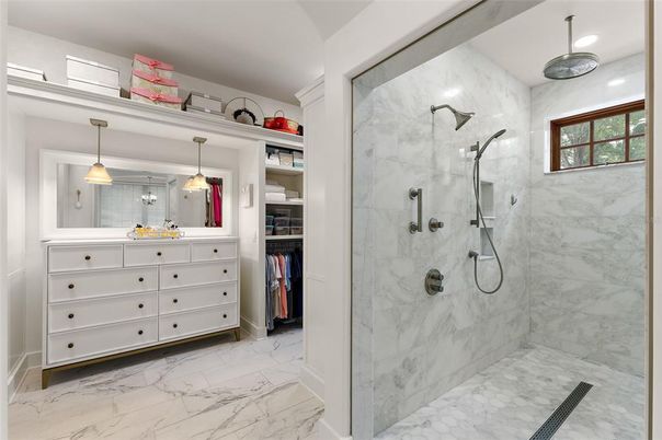 Bathroom, Glass Shower, Interior, Marble, Marble Walls, Pendant Lights, Recessed Lighting