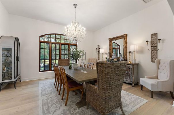 Chandelier, Dining room, Interior, Wood Texture Flooring