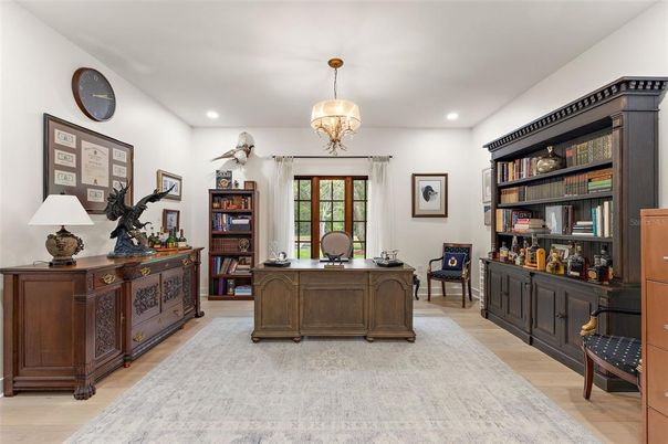 Chandelier, Home Office, Interior, Recessed Lighting, Wood Texture Flooring