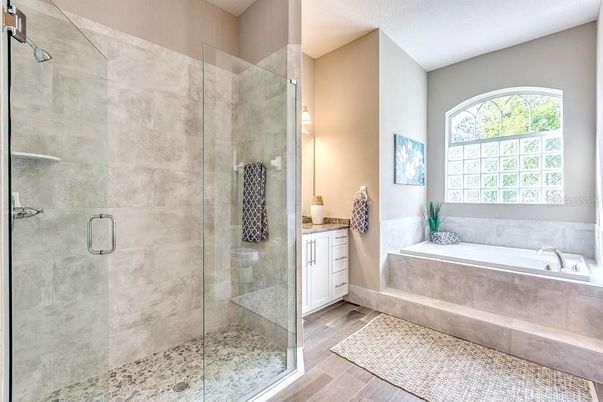 Bathroom, Glass Shower, Interior, Wood Texture Flooring