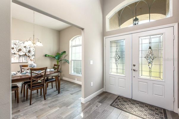 Dining room, Interior, Pendant Lights, Wood Texture Flooring