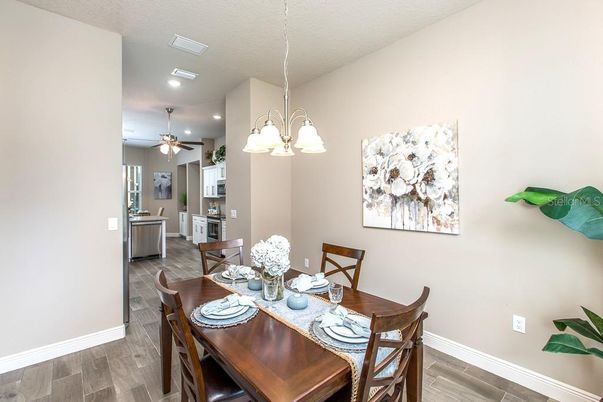 Dining room, Interior, Pendant Lights, Recessed Lighting, Wood Texture Flooring