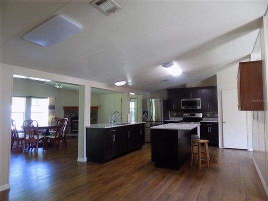 Dining room, Interior, Kitchen, Stainless Steel Appliances, Wood Texture Flooring