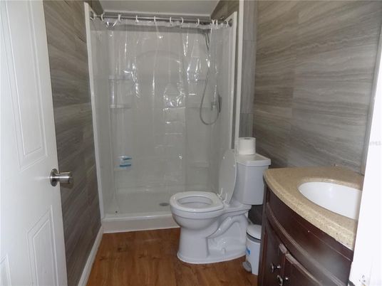 Bathroom, Glass Shower, Interior, Wood Texture Flooring