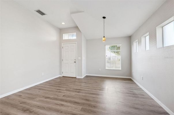 Empty room, Interior, Pendant Lights, Recessed Lighting, Wood Texture Flooring