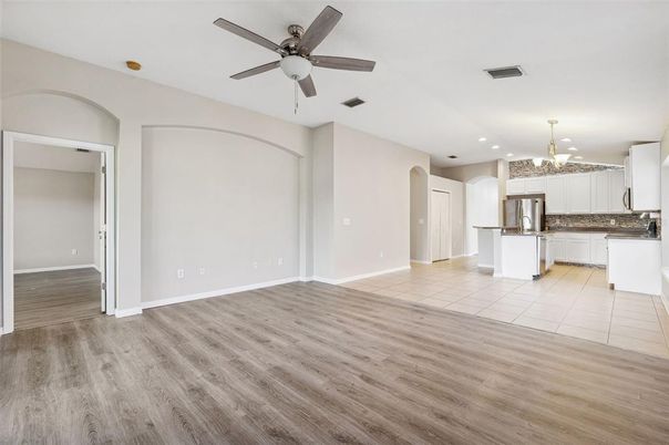 Chandelier, Empty room, Interior, Kitchen, Recessed Lighting, Wood Texture Flooring