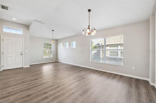 Chandelier, Empty room, Interior, Pendant Lights, Recessed Lighting, Wood Texture Flooring