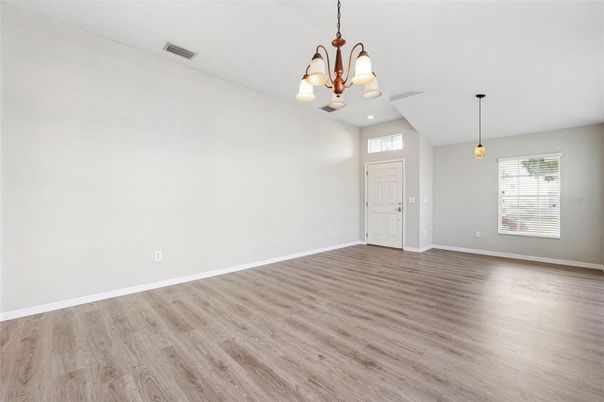 Empty room, Interior, Pendant Lights, Recessed Lighting, Wood Texture Flooring